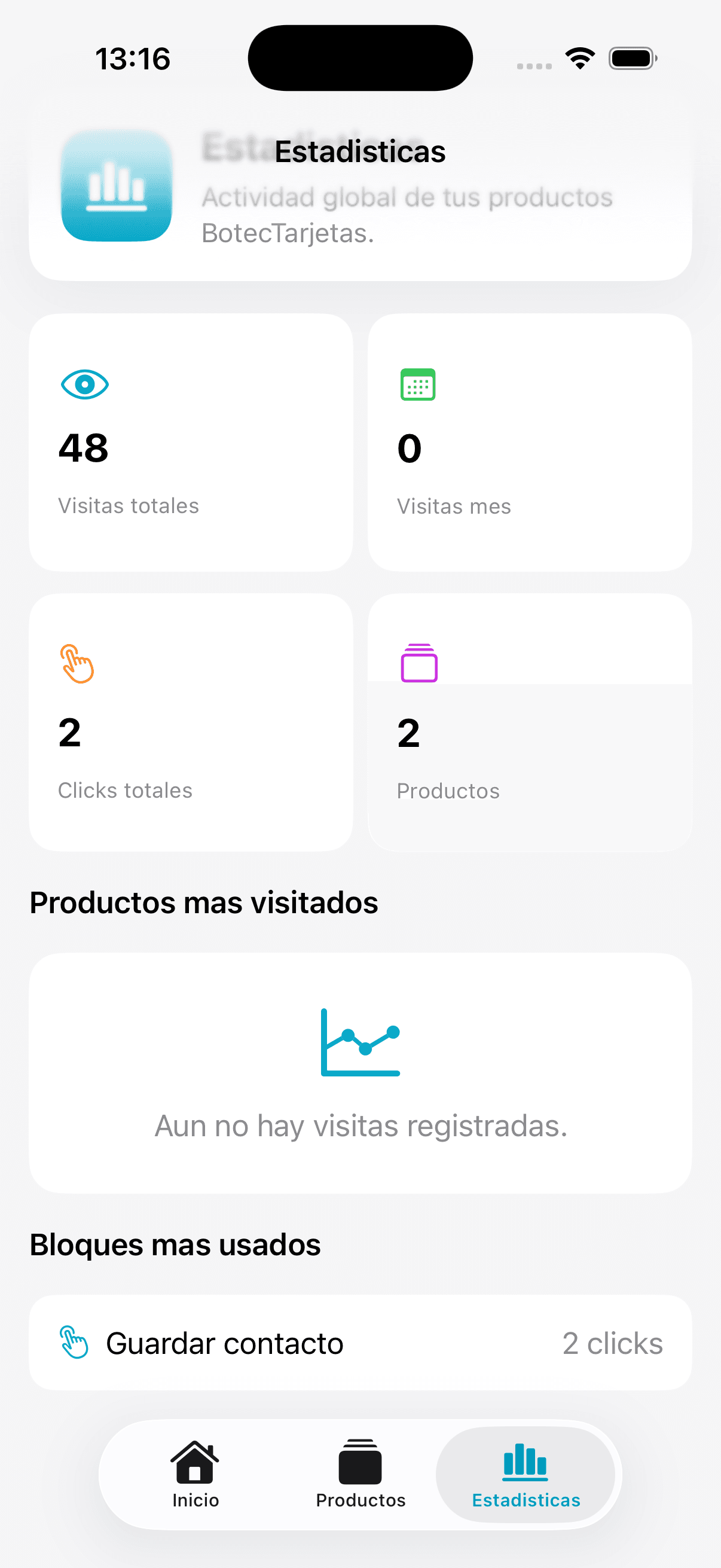Estadísticas reales de productos en la app BotecTarjetas