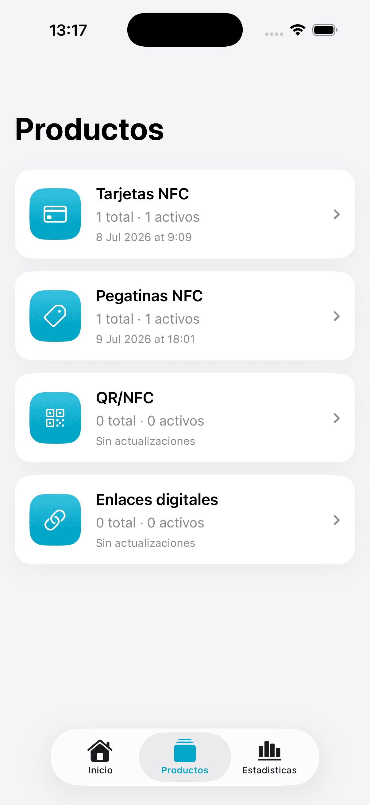 Listado real de productos en la app BotecTarjetas