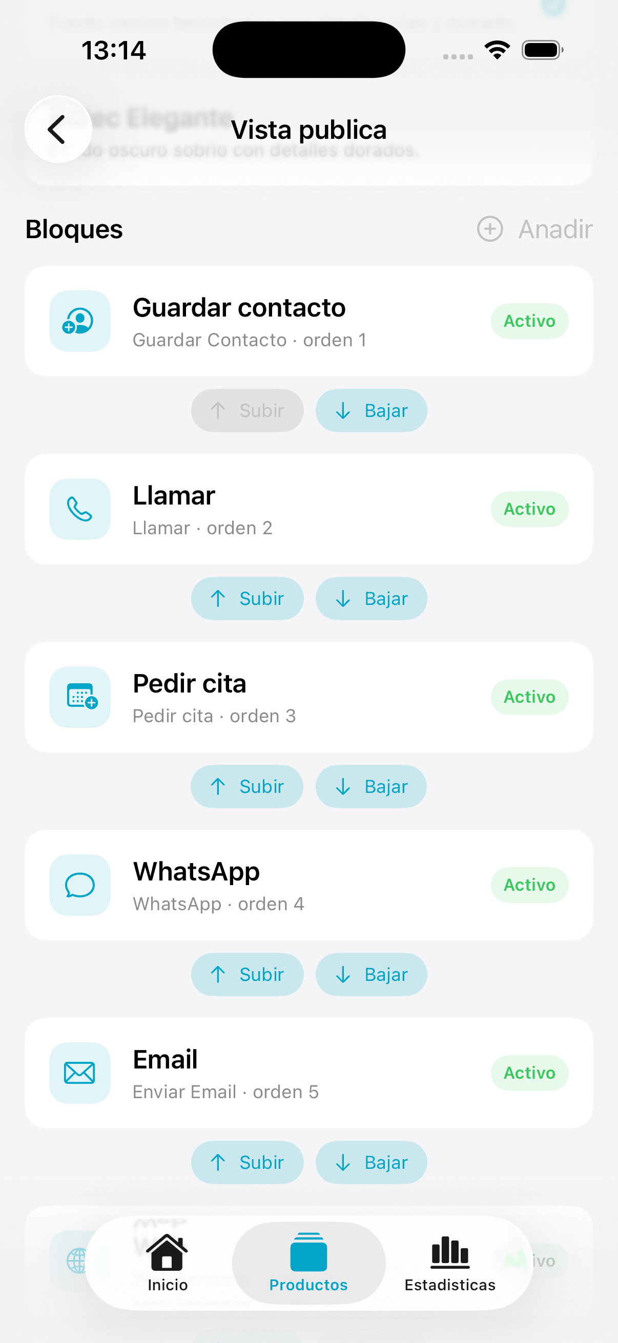 Gestión de bloques de la vista pública desde la app