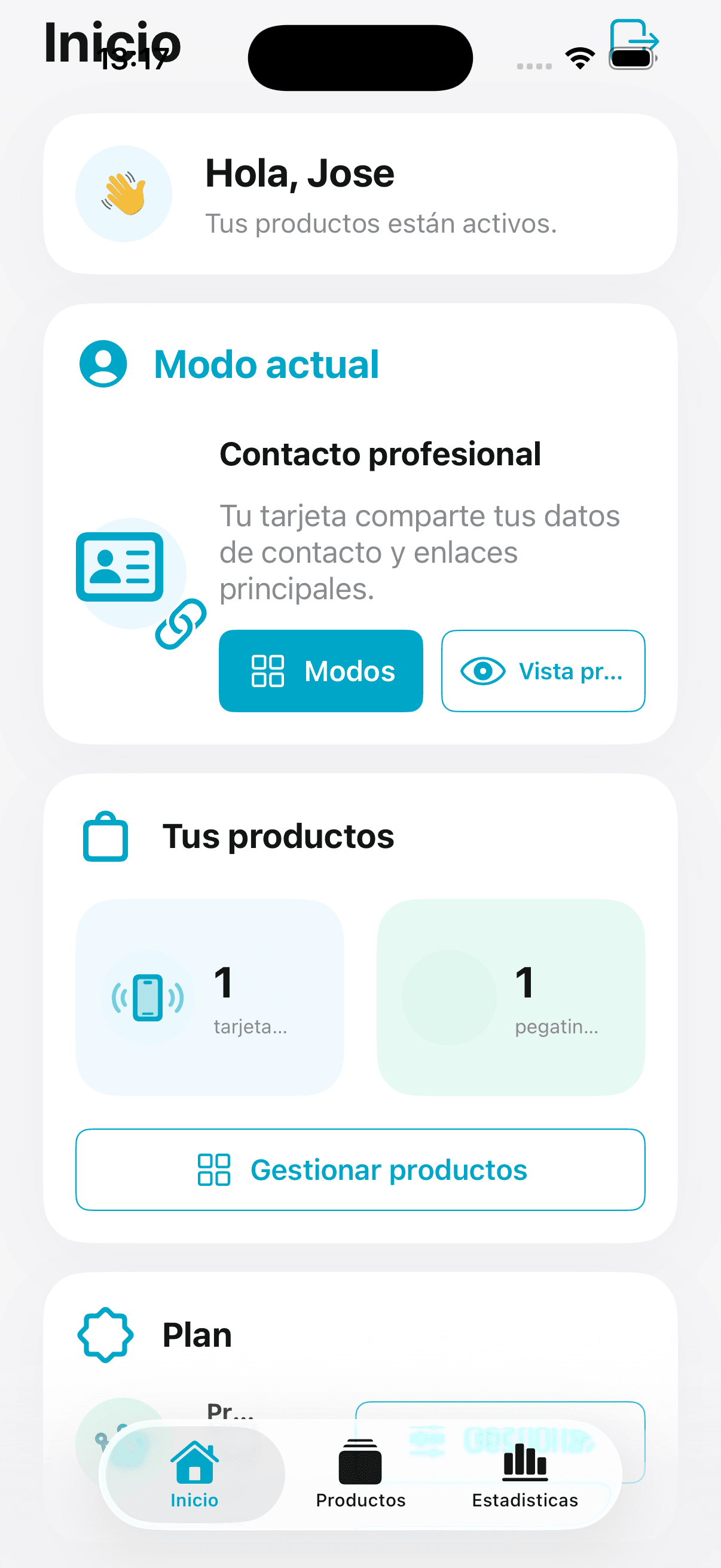 Pantalla de inicio con plan y productos activos