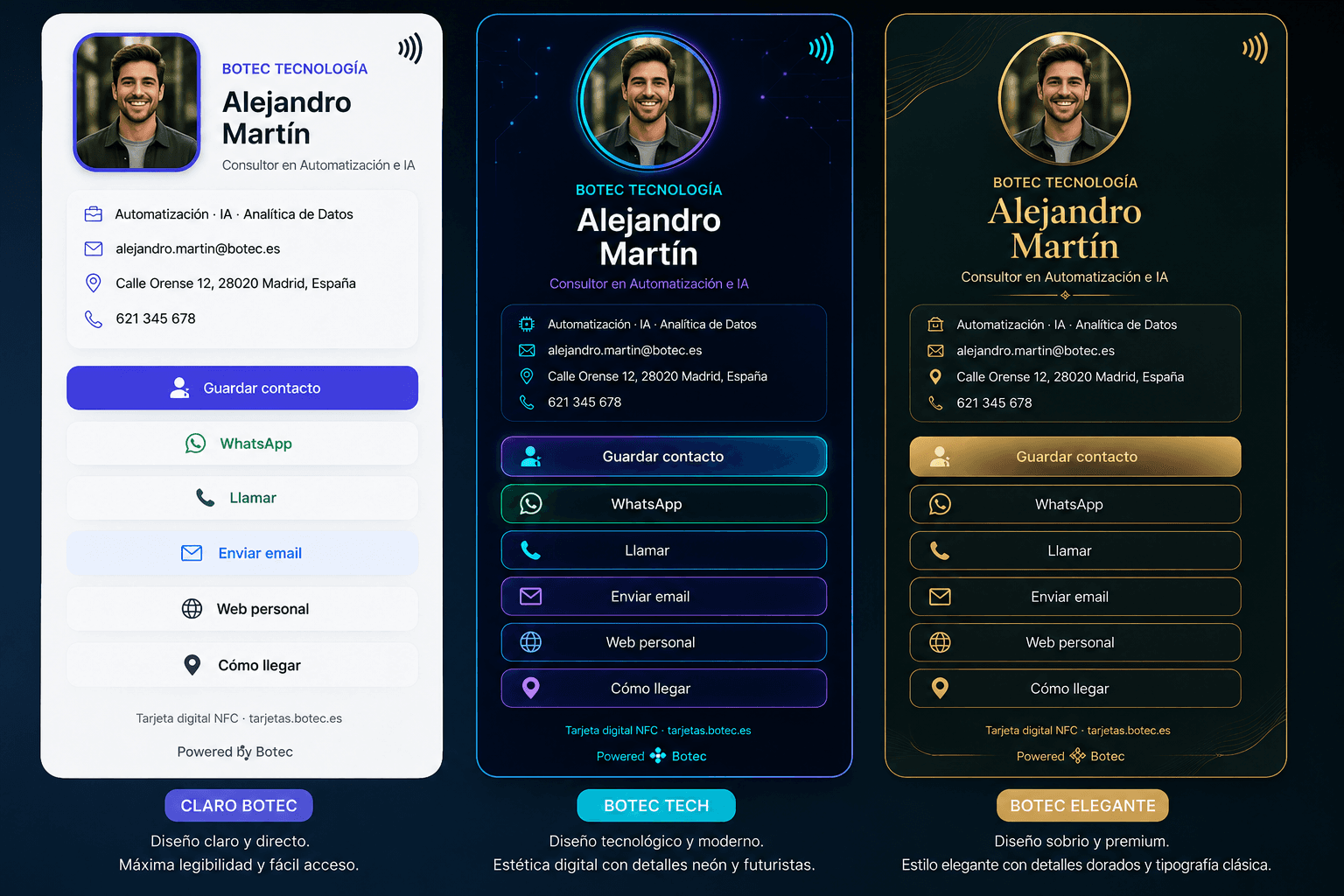 Tres variantes de diseno de tarjeta digital Botec: claro, tech y elegante