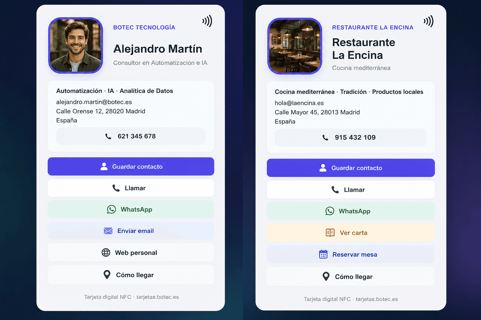 Ejemplos de tarjetas digitales para profesional y restaurante